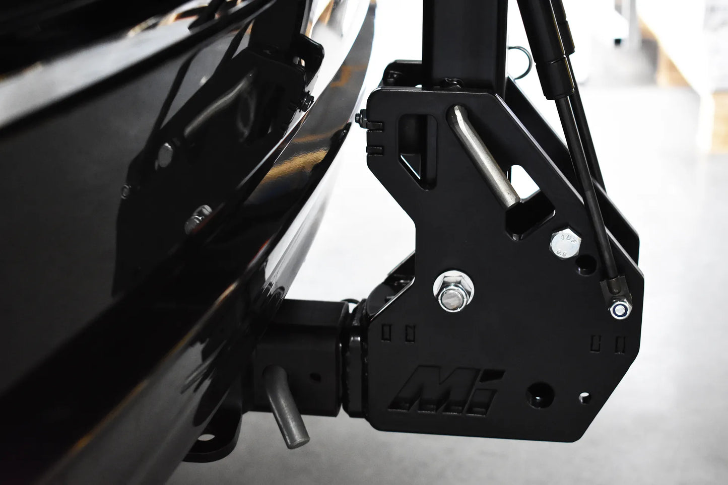 Close-up shot of tow hitch assembly for Mirack Tilting Spare Wheel Carrier, Australian Made
