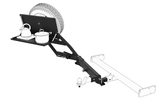 3D design study: Mirack folding table attachment for swinging spare wheel carrier, maximizing functionality and campsite convenience.