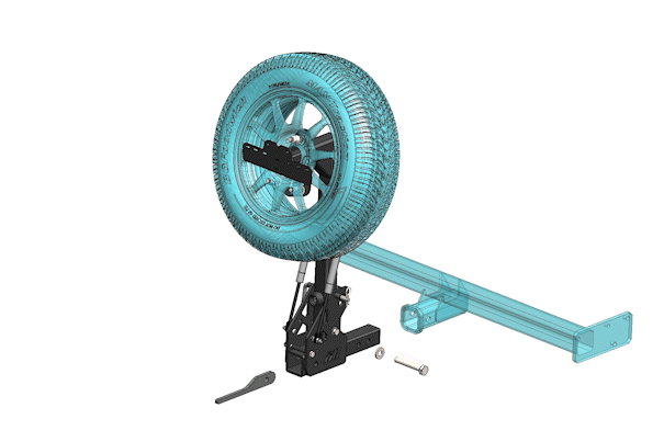 Mirack's XT-ADR hitch-mounted spare wheel carrier and anti-rattle hitch system in 3D.