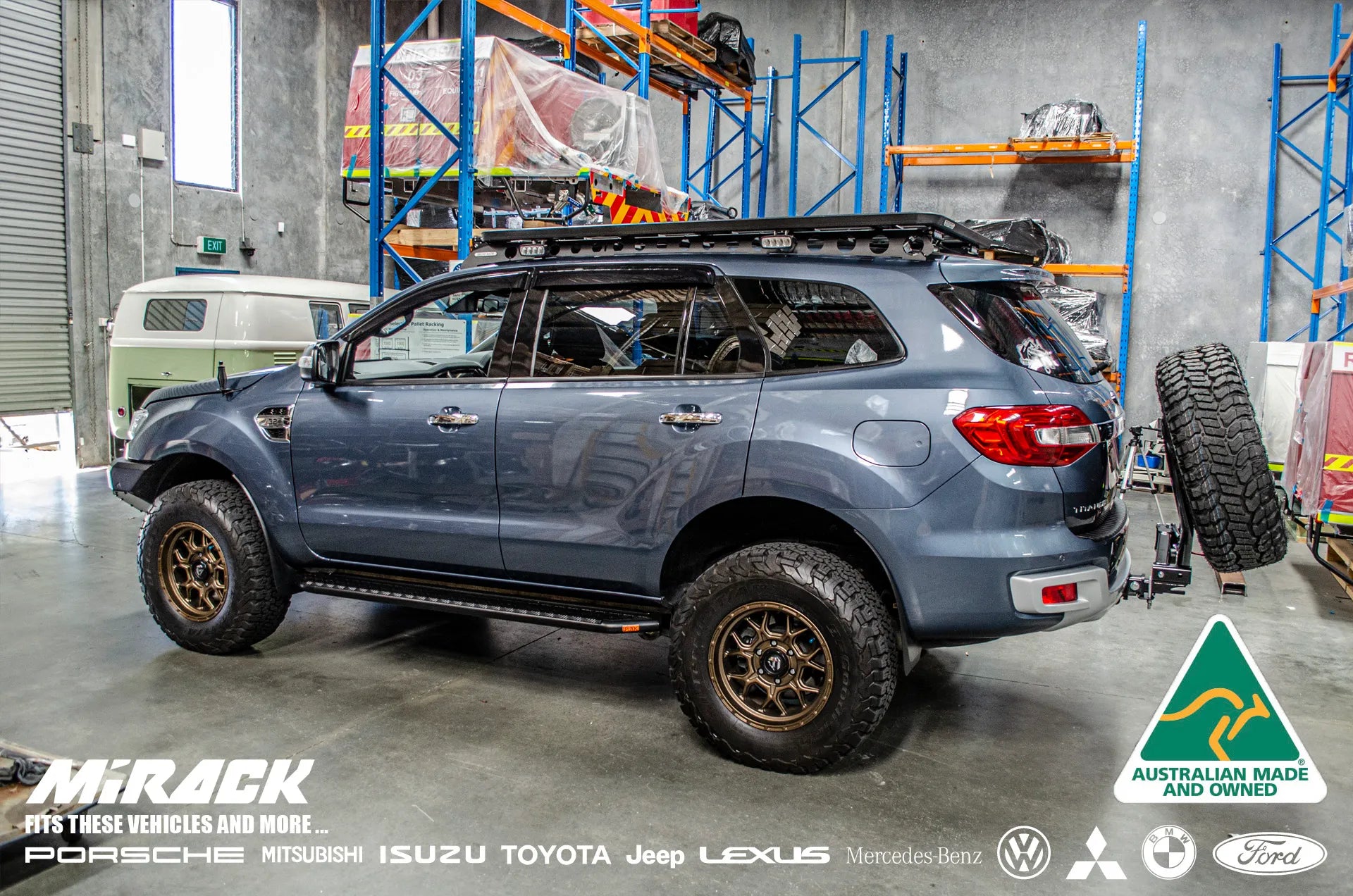 Ford Everest aftermarket upgrade: Mirack's innovative tilting spare tyre carrier for improved rear functionality and enhanced off-roading.