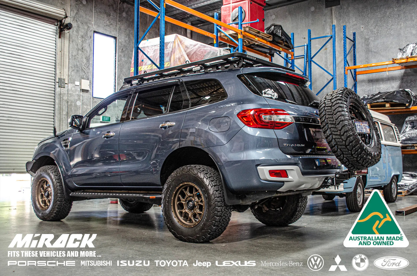 Maximize your Ford Everest's towing and storage potential with Mirack's tilting spare tyre carrier on the tow hitch.