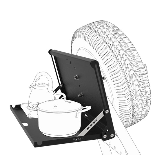 Explore the 3D design of Mirack's innovative table solution, attached to your spare wheel carrier for easy access.