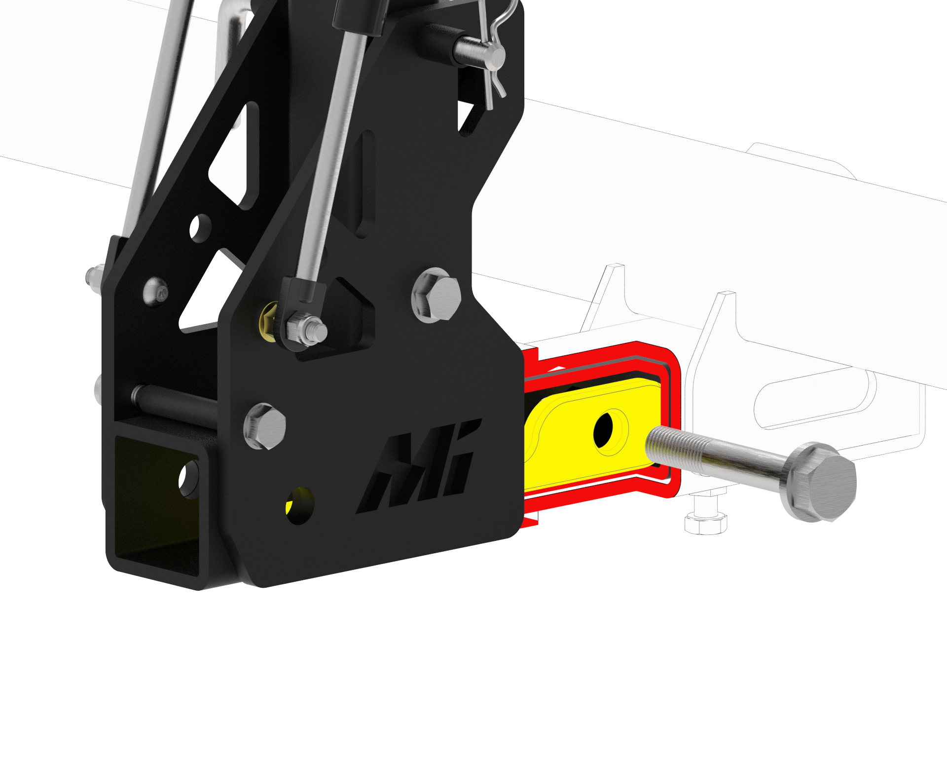 Mirack's hitch-mounted solutions: Tilting carrier for easy spare wheel access, silent hitch for quiet towing (3D).