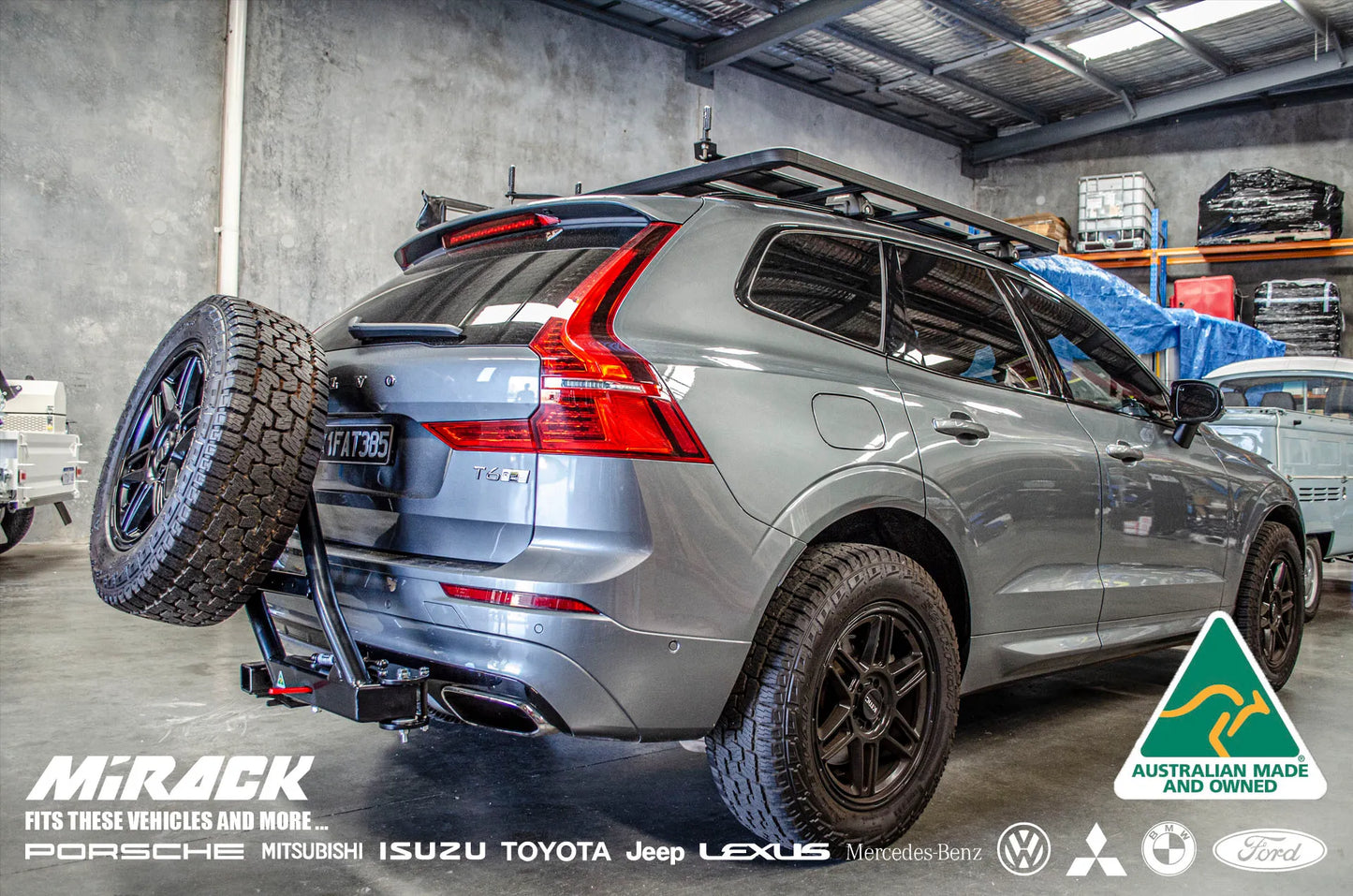 Volvo XC60 aftermarket upgrade: Mirack's heavy-duty swinging spare wheel carrier for improved rear functionality and enhanced off-road capabilities.
