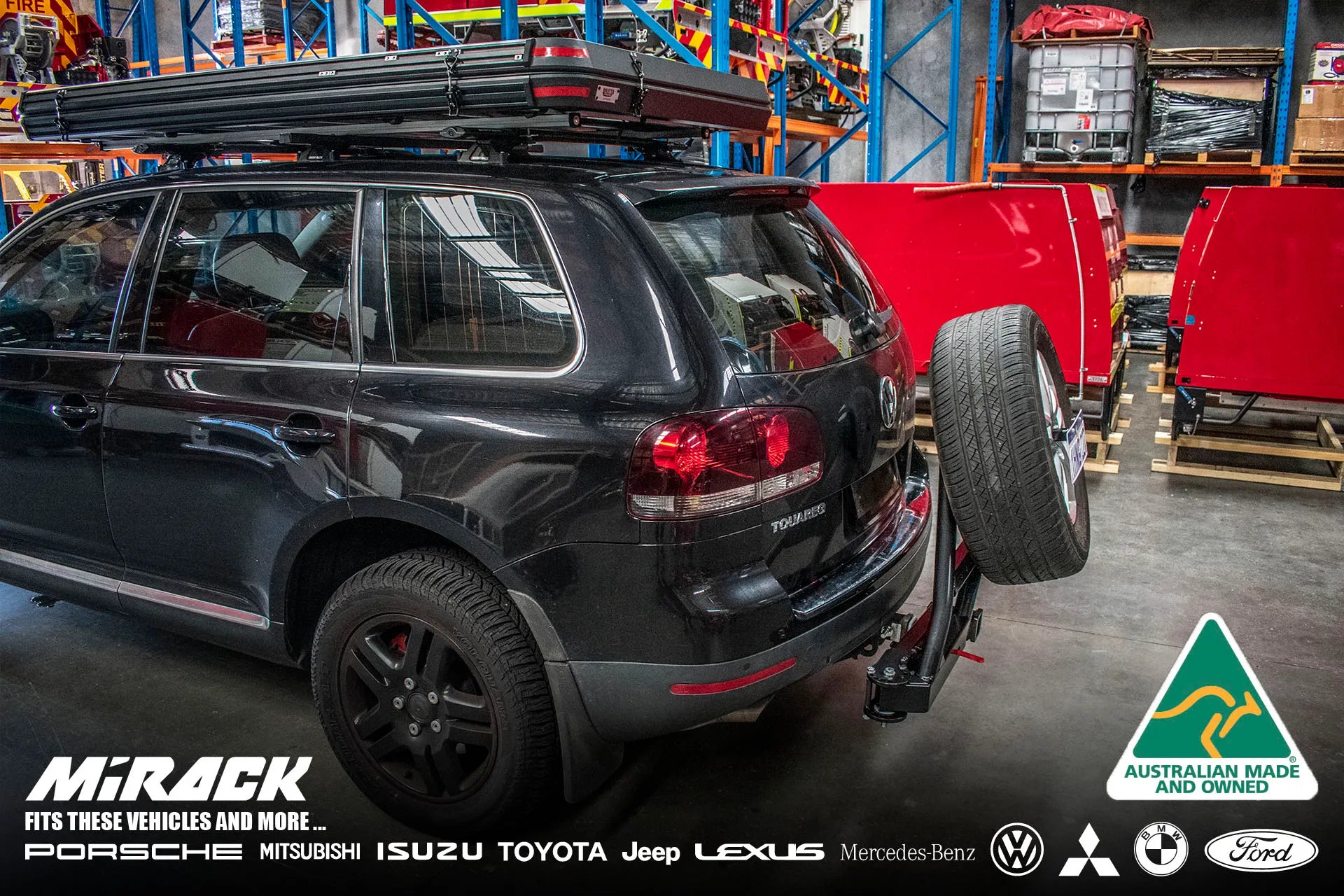 Open up adventure possibilities for your VW Touareg: Mirack's swinging spare wheel carrier on the tow hitch provides easy access and frees up rear cargo space.