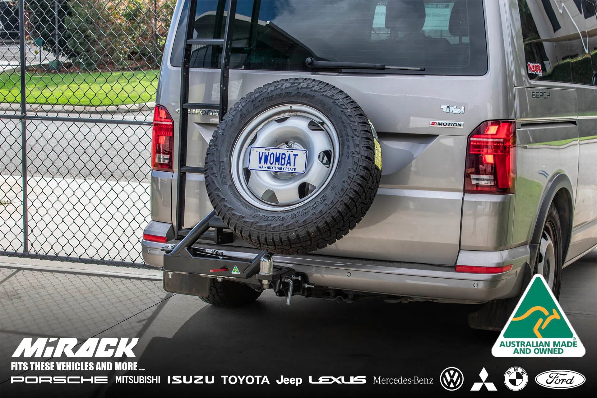 Conquer off-road adventures with your VW California. This Mirack swinging spare wheel carrier keeps the spare accessible and frees up rear space.