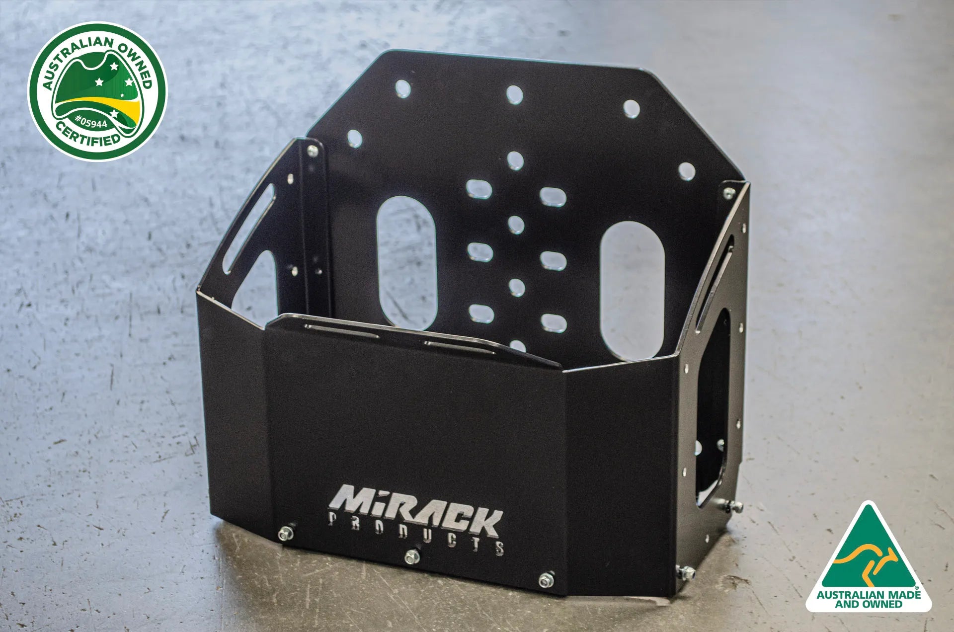 Mirack jerry can holder: Steel construction and laser-cut logo for enhanced off-road functionality and style.