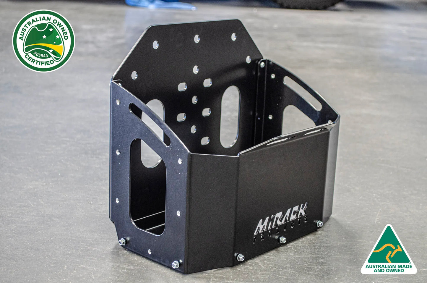Mirack's laser-cut logo adds a touch of sophistication to its durable steel jerry can holder.