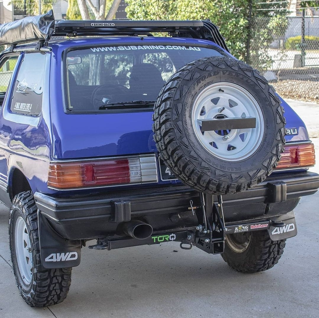 Mirack Tilting Spare Wheel Carrier Bundle, with License Plate Holder and Silent Hitch. Subaru 4WD
