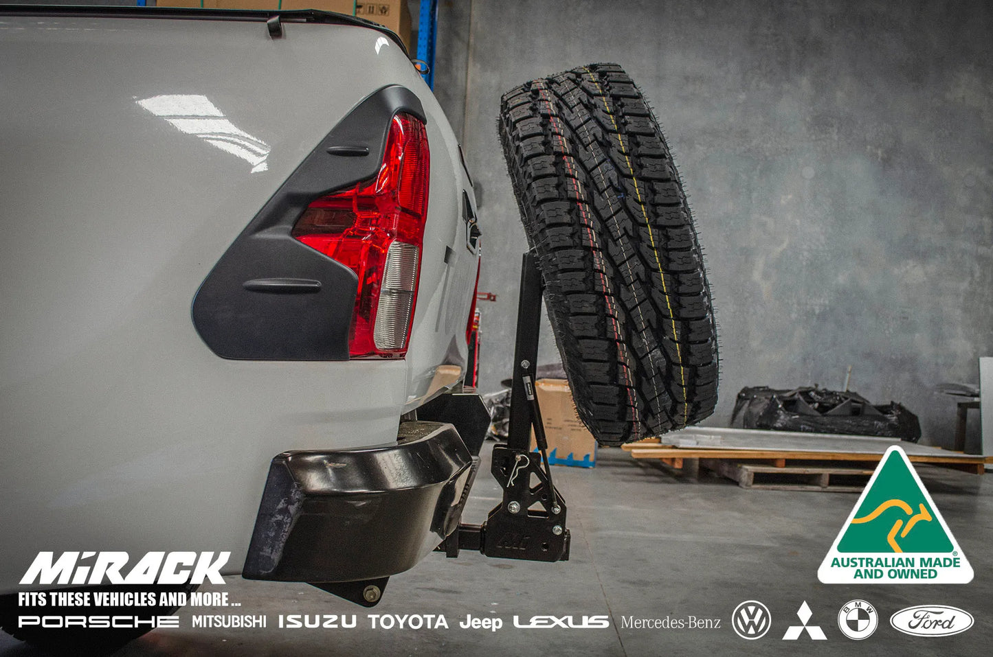 Easy rear access & off-road freedom: Hilux SR5 upgraded with Mirack's tilting spare wheel carrier.