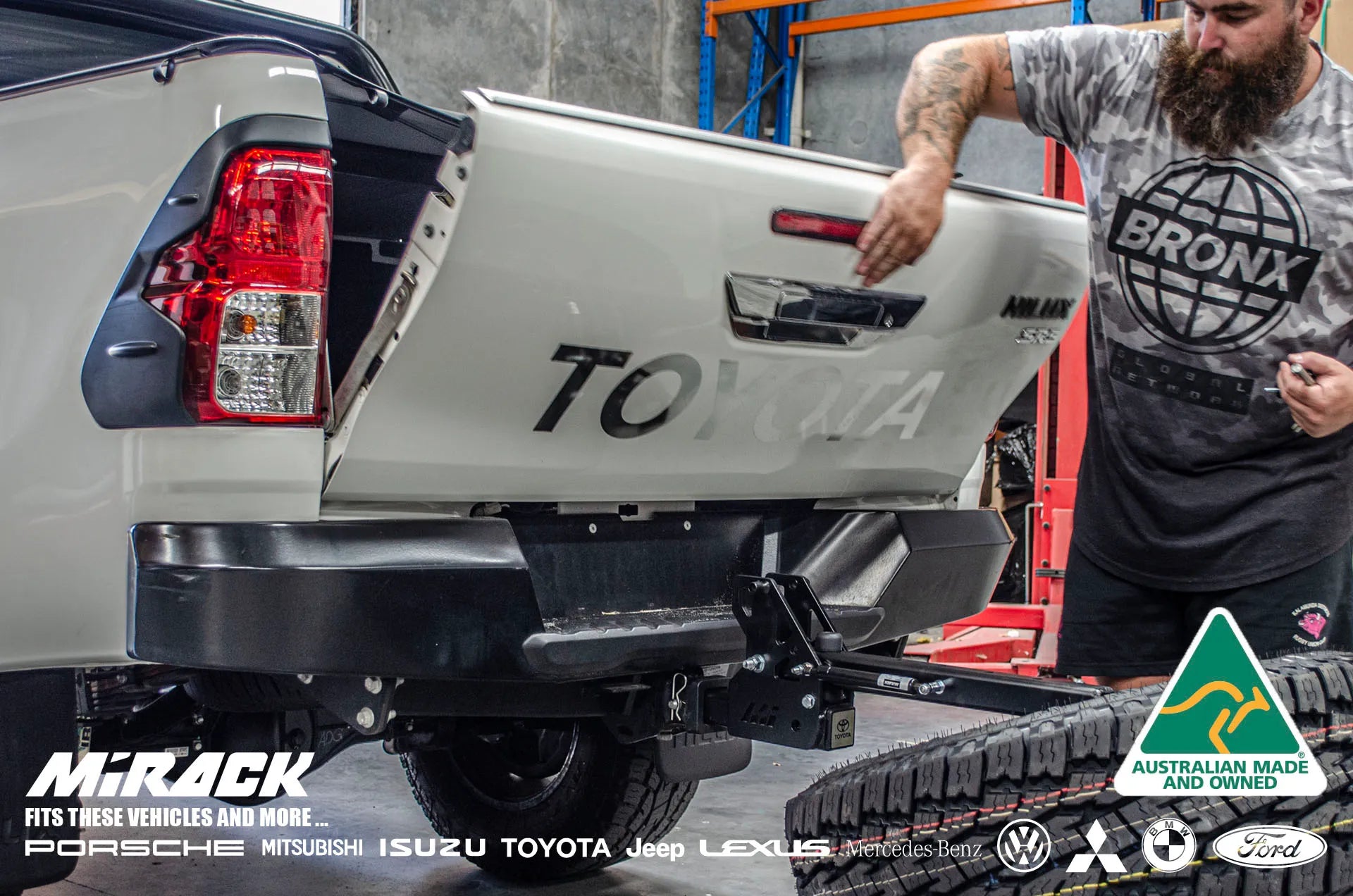 Maximize your Hilux SR5's towing and storage potential with this Mirack tilting spare wheel carrier mounted on the tow hitch.